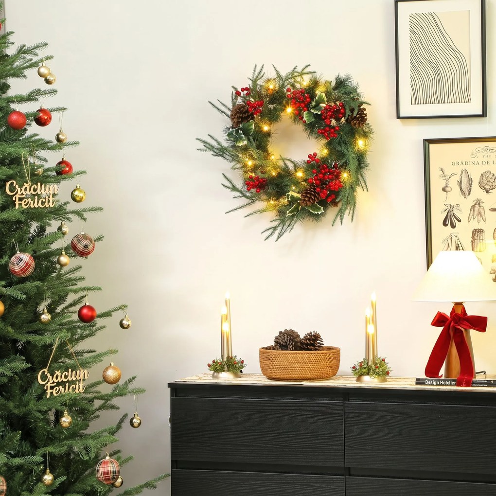 HOMCOM Ghirlandă de Crăciun de 60 cm cu Lumini LED Albe, Coroană de Crăciun cu Temporizator, 170 de Ramuri, Conuri de Pin, Boabe și Vâsc, Decor de Crăciun pentru Ușă și Fereastră, Verde | Aosom Romania