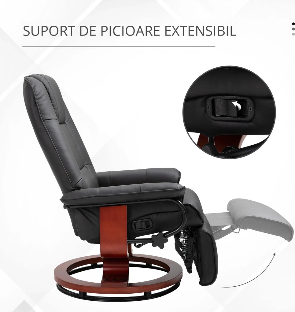 HOMCOM Fotoliu Rabatabil Manual 145° cu Suport pentru Picioare Imitație de Piele Negru | Aosom Romania