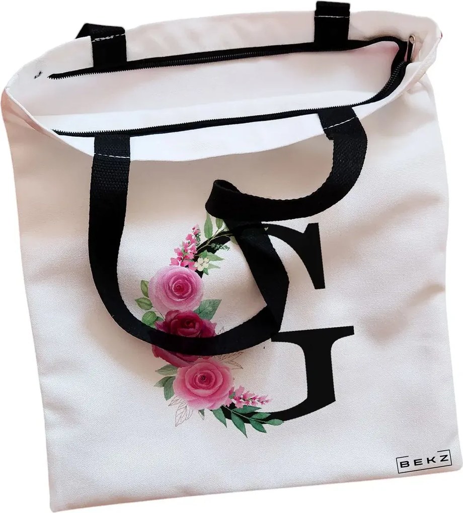 Sacosa de Panza pentru Cumparaturi, Geanta Tote, Cu litera G si Trandafiri, Cu fermoar, 38x34.5 cm, Alba, BEKZ®