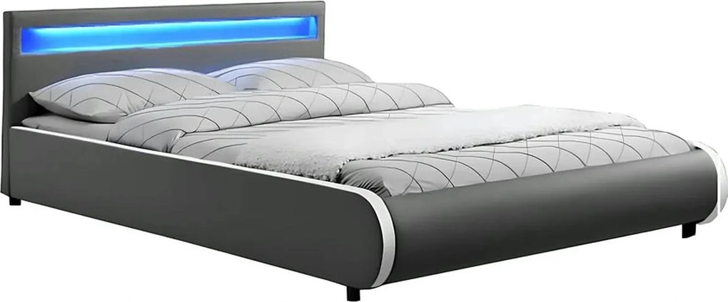 Pat DULCEA 160x200, gri, piele ecologica/PAL, cu iluminare LED RGB si