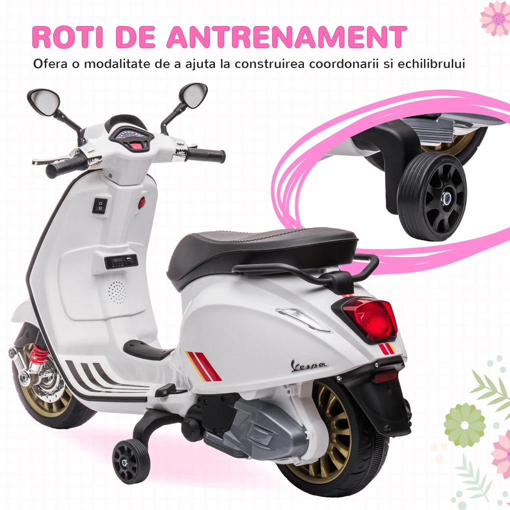 AIYAPLAY Motocicletă Electrică pentru Copii, Motocicletă cu Muzică, Două Motoare, Far, MP3, USB, Radio FM și 2 Roți de Antrenament, 107x47x73 cm, Alb | Aosom Romania