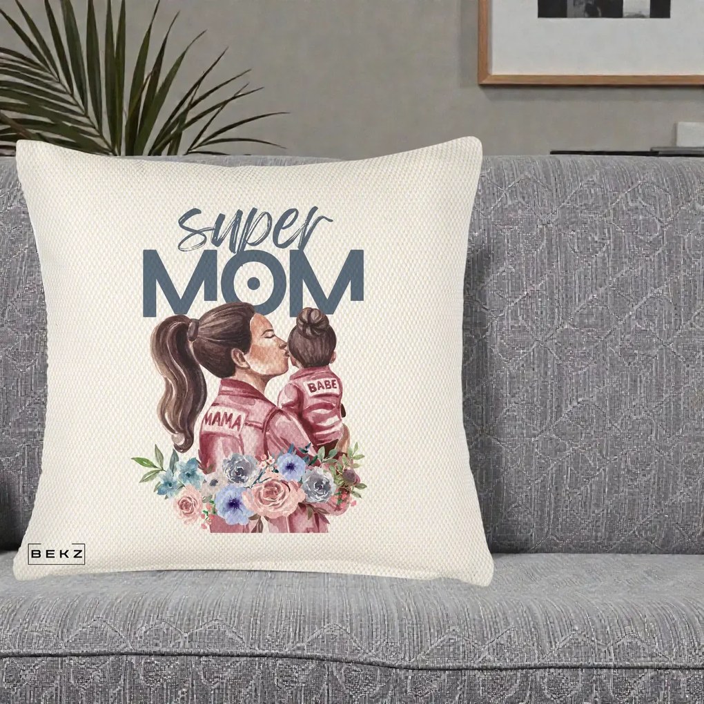 Cadou pentru Mama - Perna Personalizata Super Mom Mama cu Bebelusul, 40x40 cm, Crem Reliefat, Husa Detasabila, Perna Inclusa, BEKZ®