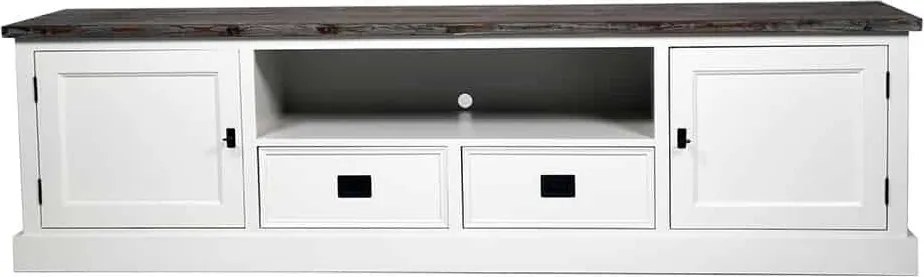 Comodă TV lemn masiv alb Lahoma 5 compartimente /Maro, 200 × 45 × 55 cm