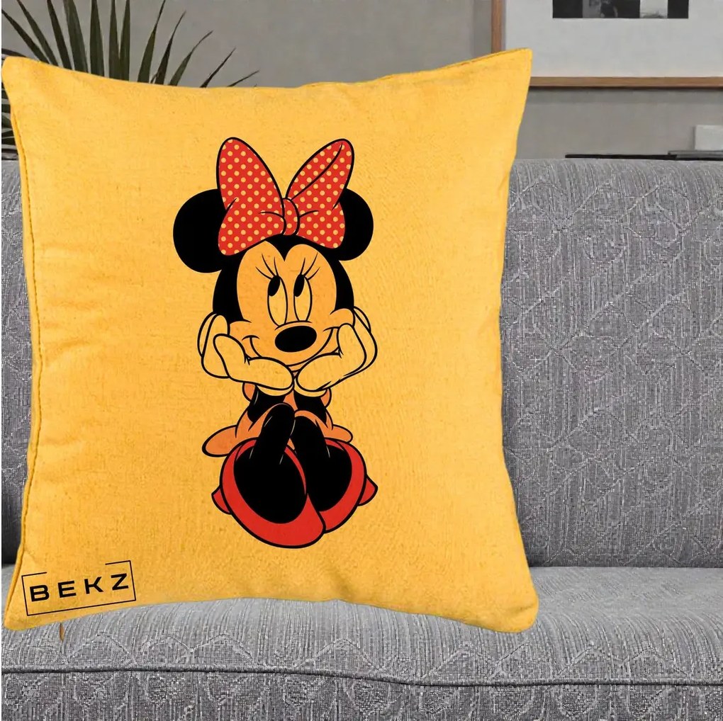 Perna Personalizata Minnie Mouse cu Fundita, 40x40 cm, Galben, Husa Detasabila, Perna Inclusa, BEKZ®
