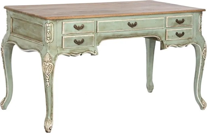 Birou clasic francez, stil Louis XV–XVI, din lemn masiv de mango verde decapé, 133x68x75 cm, Elégance