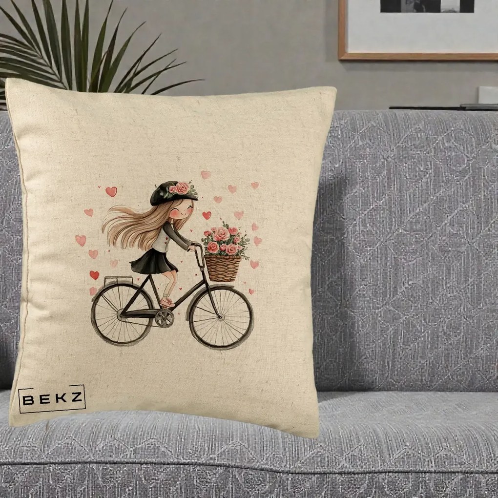Perna Decorativa Fetita Kawaii pe Bicicleta cu Trandafiri si Inimioare, 40x40 cm, Bej, Husa Detasabila, Perna Inclusa, BEKZ®