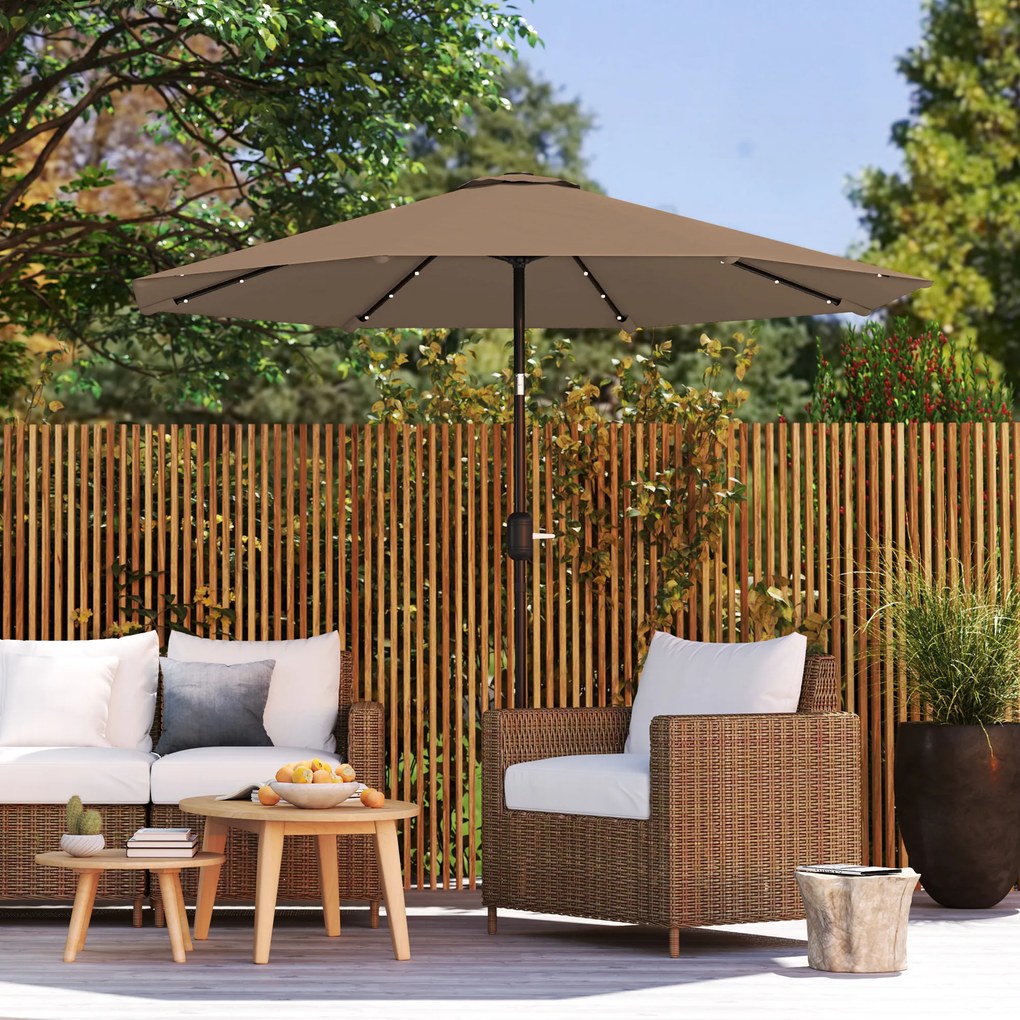 Umbrelă de grădină Ø265 cm cu 32 LED-uri solare, manivelă și tijă din oțel pentru patio terasă Outsunny, kaki | Aosom Romania