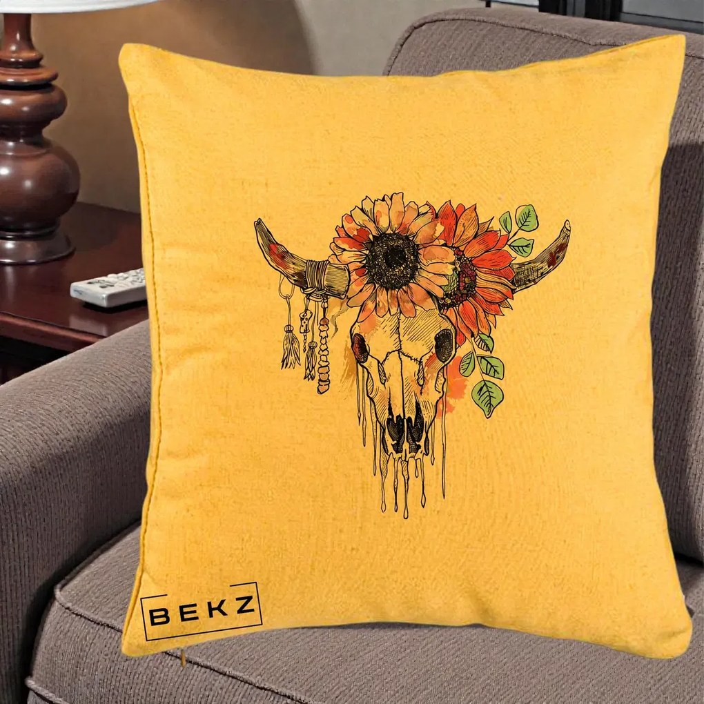 Perna Decorativa Craniu Boho Floral, 40x40 cm, Galben, Husa Detasabila, Perna Inclusa, BEKZ®