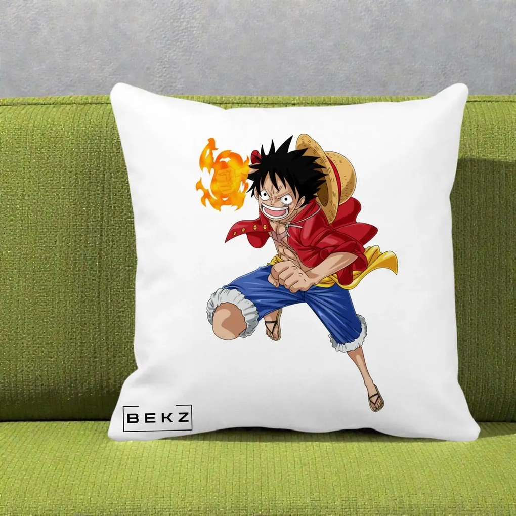 Perna Personalizata One Piece Luffy Gear Second Foc, 40x40 cm, Alba Mata, Husa Detasabila, Perna Inclusa, BEKZ®