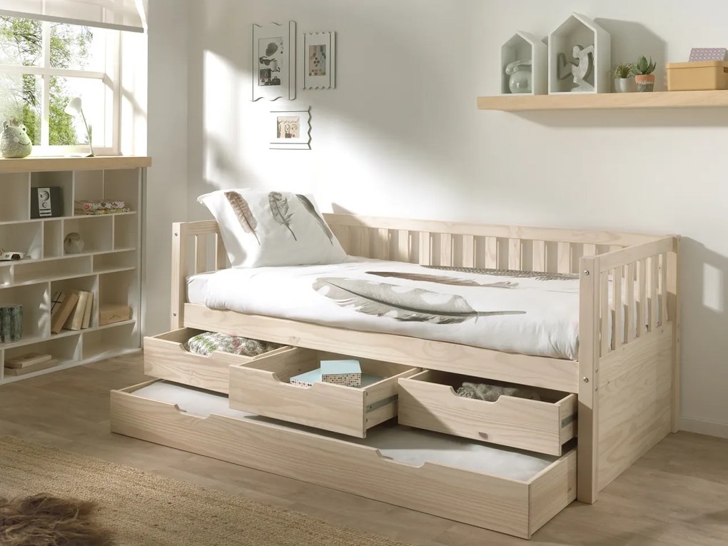 Set Pat Cabină Fritz 90x200 cm cu Sertare, pentru Copii, Pin Lăptos – Vipack