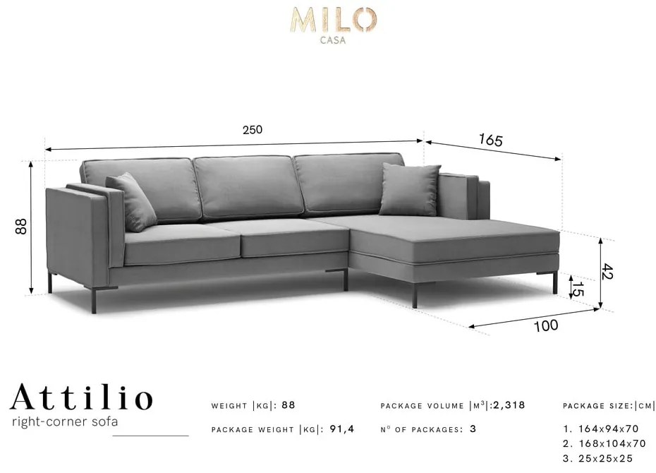 Colțar cu șezlong parte dreaptă Milo Casa Attilio, gri