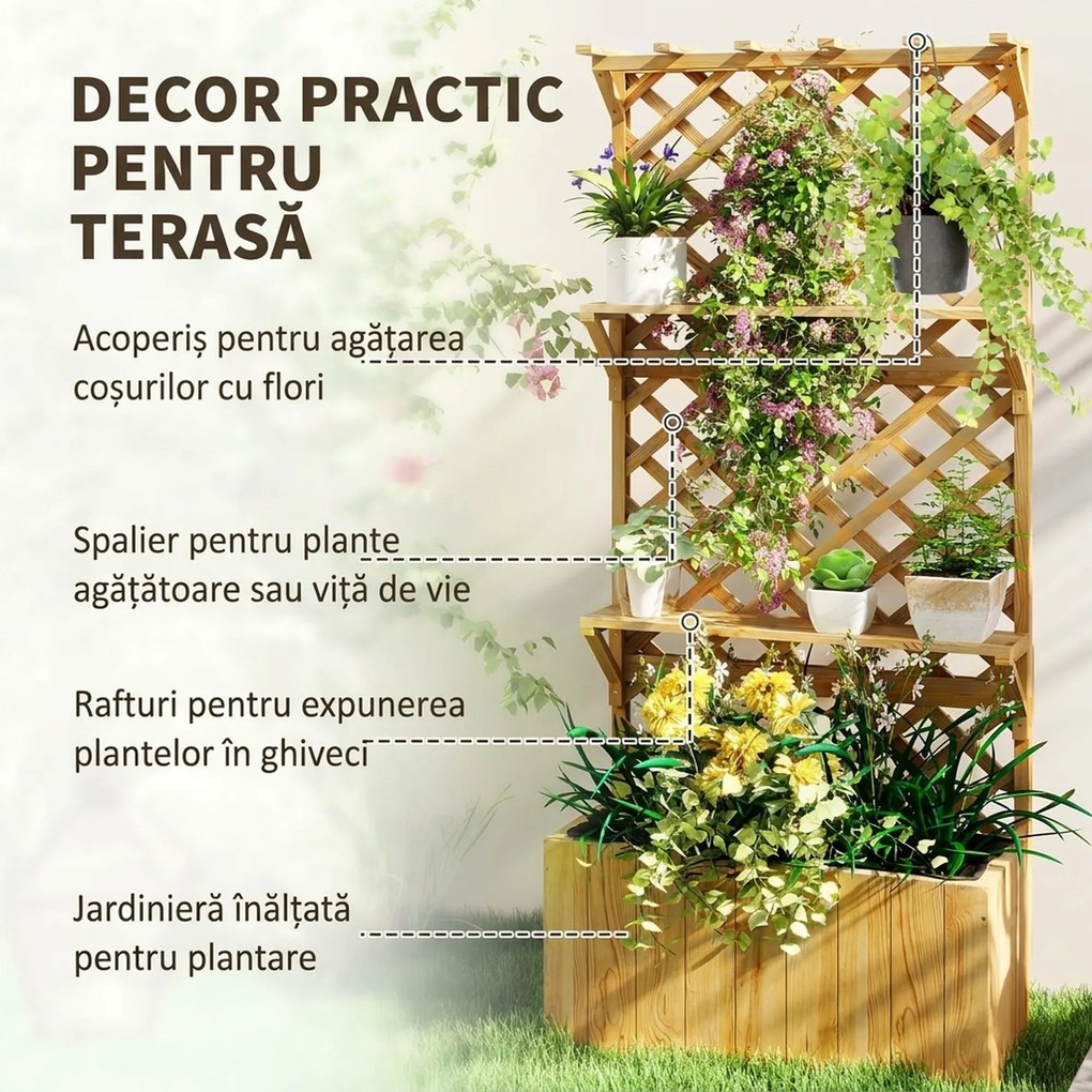Outsunny Jardinieră din Lemn cu Suport pentru Plante și Orificii de Drenaj, 76x33x177 cm, Natural | Aosom Romania
