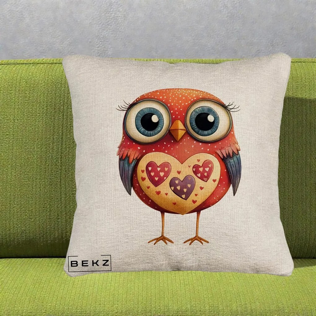 Perna Decorativa Bufnita Rosie cu Inimi Aurii, 40x40 cm, Bej Canapea, Husa Detasabila, Perna Inclusa, BEKZ®