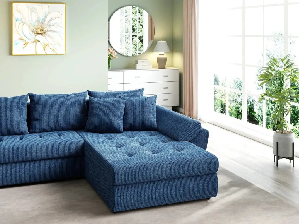 Colțar extensibil dumonde cu ladă de depozitare si sezut confortabil din spuma high-density, Loana U Zoom Blue 355x185 cm