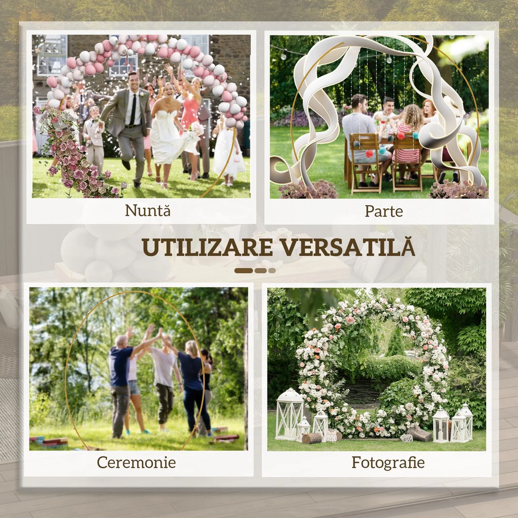 Outsunny Arc de Grădină din Oțel Auriu – Arc Decorativ Rotund pentru Baloane, Plante Cățărătoare, Flori – Pentru Nunți, Aniversări, Ceremonii – 2,24 m | Aosom Romania
