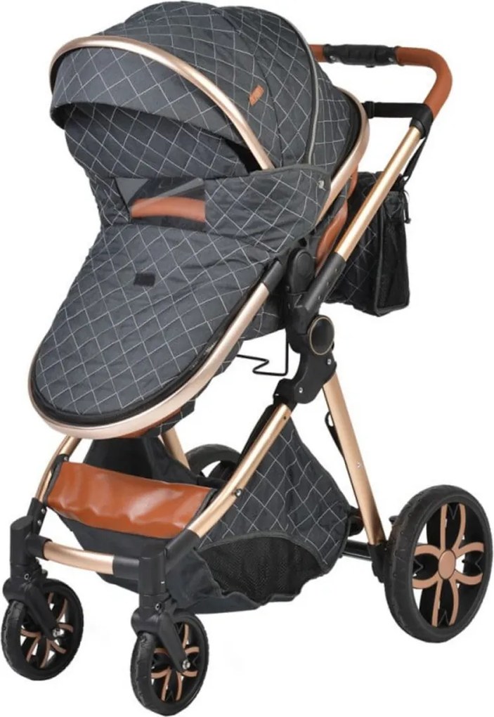 Carucior nou nascuti 2 in 1 NOVOKIDS™ Alma Gold PRO , Cu geanta bebe, Cadru Aluminiu , Amortizoare, Roti din cauciuc plin AVE, Landou, Modul sport,