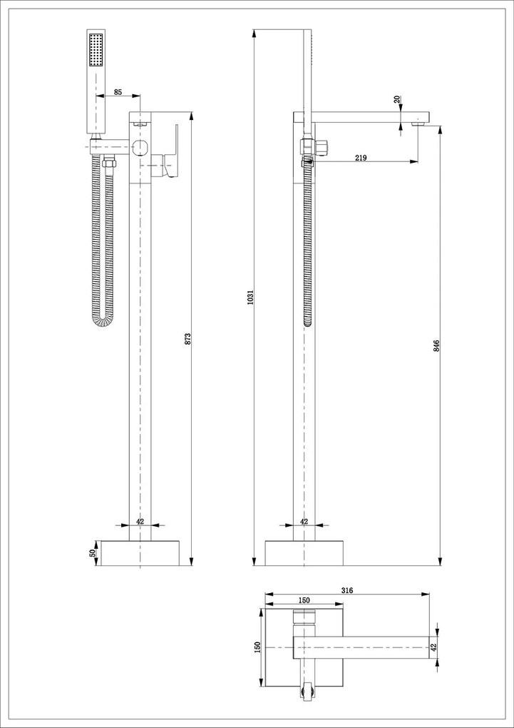 Baterie pentru cada freestanding cu montaj pe pardoseala, alama, auriu