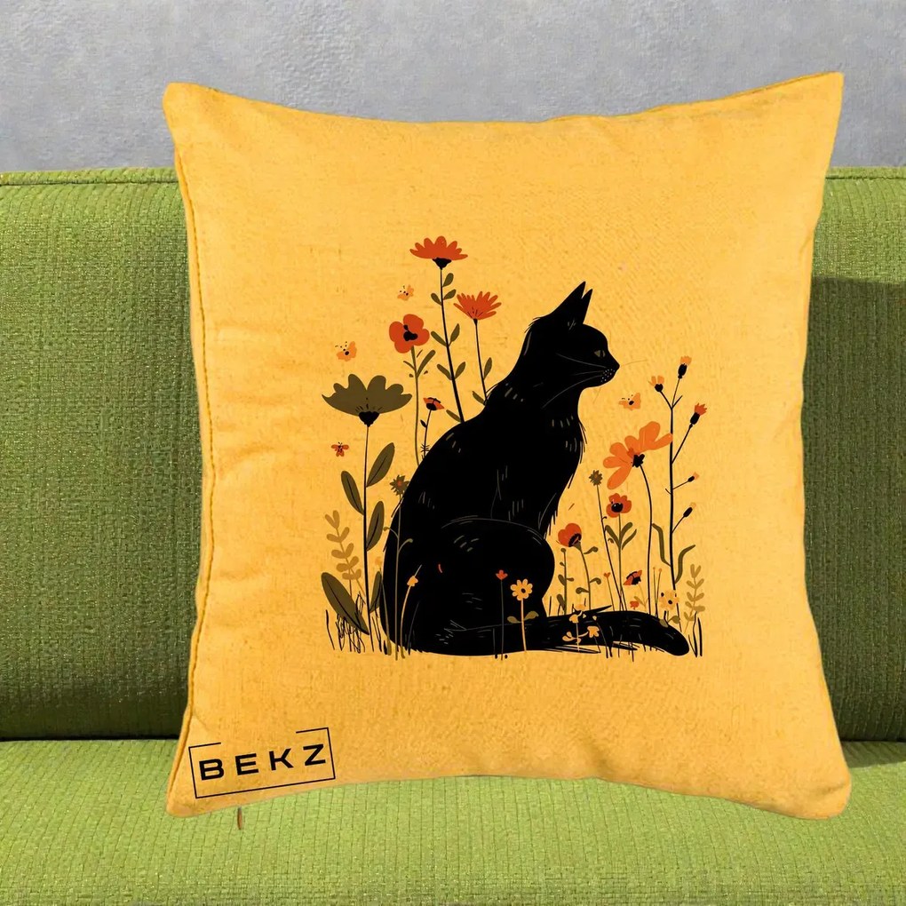 Perna Decorativa Pisica Neagra Profil Flori Portocalii, 40x40 cm, Galben, Husa Detasabila, Perna Inclusa, BEKZ®