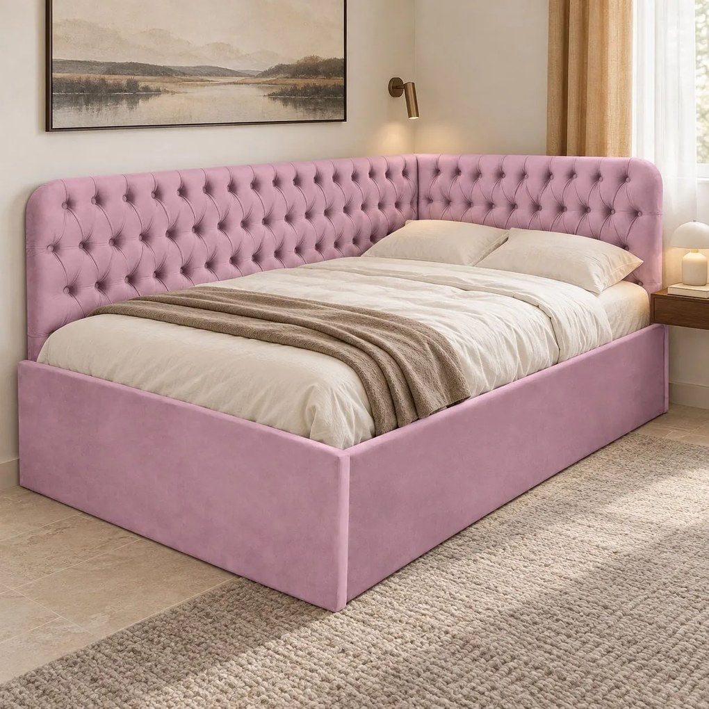 Pat tapițat pentru copii din catifea Elyra 140×200 cm, roz, colț stânga, cu ladă de depozitare