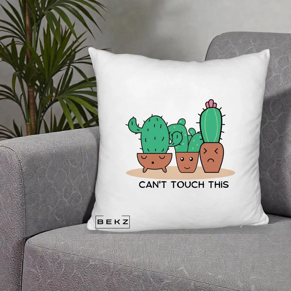 Perna Decorativa Cactus Funny Can't Touch This, 40x40 cm, Alb Pufos, Husa Detasabila, Perna Inclusa, BEKZ®