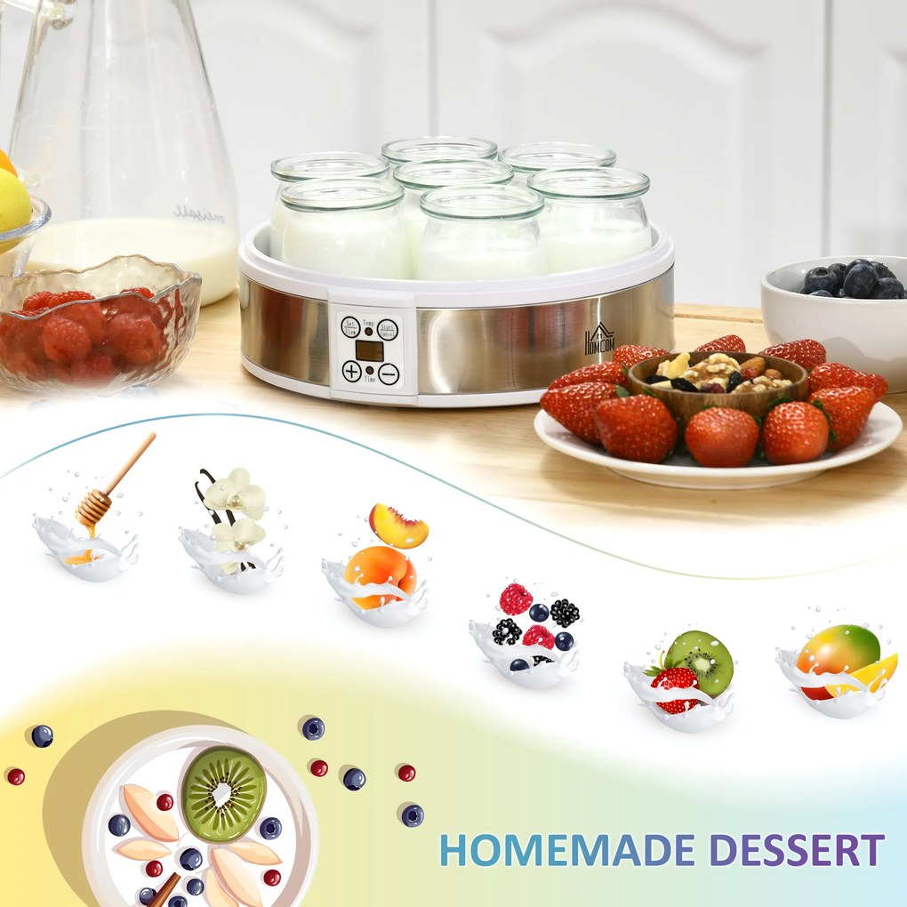 HOMCOM Mașină de Făcut Iaurt cu 7 Borcane Sticlă 180ml Cronometru Termostat Ajustabil Afisaj LED Deserturi Casnice | Aosom Romania