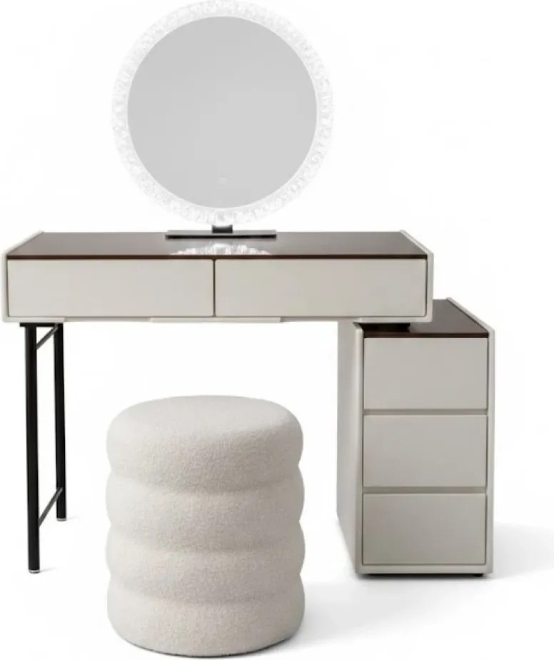 Set EMILY, Masă de toaletă pentru machiaj cu oglindă iluminată LED, în trei culori, intensitate reglabilă, control touch, comoda, taburet, 80 cm, Alb Ivory
