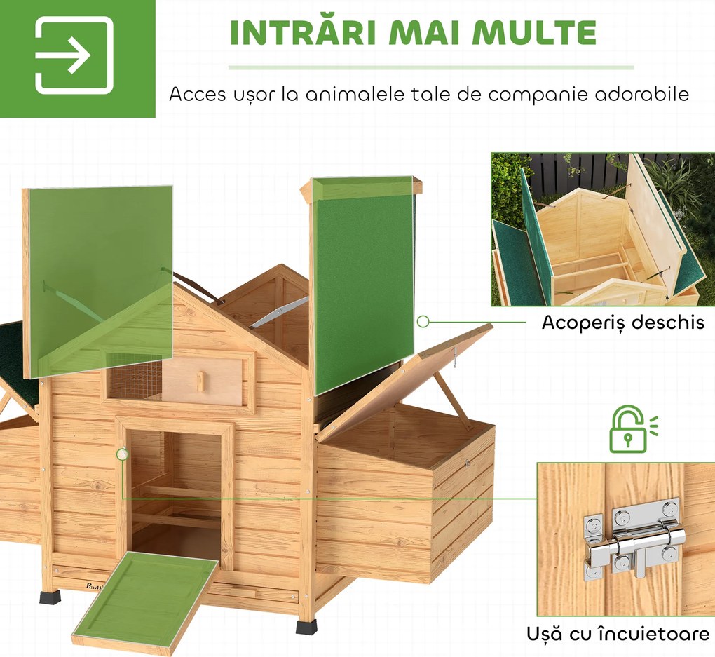 PawHut Coteț din Lemn cu 2 Căsuțe, Coteț pentru Găini de Exterior cu Acoperiș Impermeabil, Tavă Detașabilă și Bare, Adăpost pentru 2-4 Găini, Rațe, Grădină, 150x100x96,5 cm, Galben | Aosom Romania