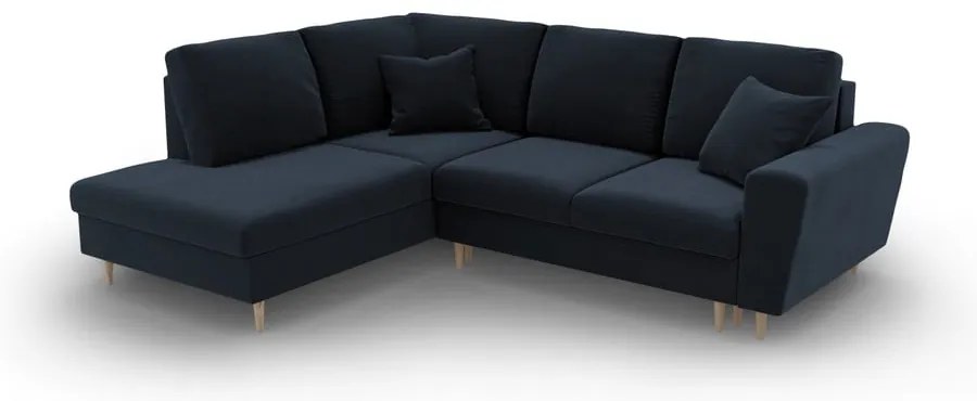 Colțar albastru închis extensibil, cu spațiu de depozitare cu tapițerie din catifea (cu colț pe partea stângă-în formă de ”L”) Kyoto – Cosmopolitan Design