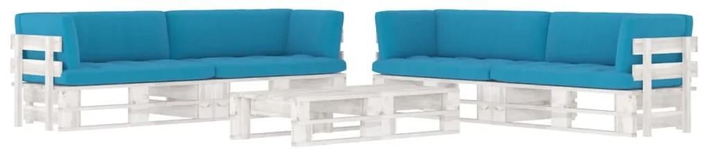 Set mobilier paleti cu perne, 6 piese, alb, lemn pin tratat Albastru, 4x colt + 2x masa, Alb, 1