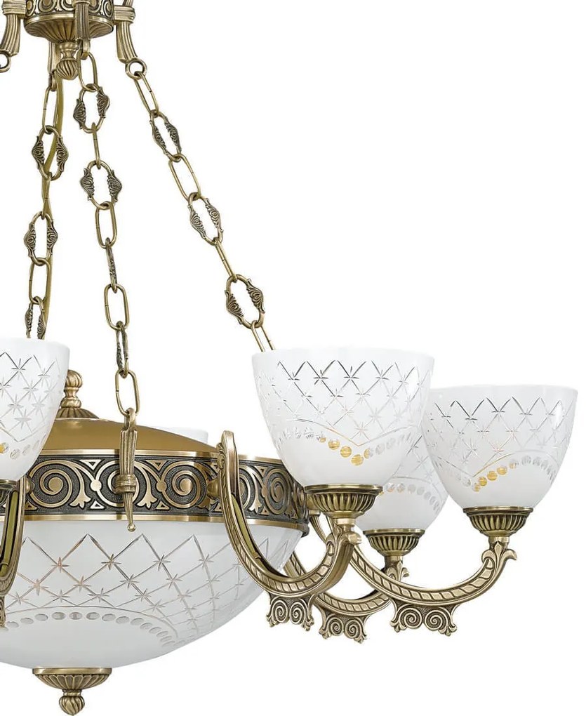 Candelabru cu 8 brate clasic design italian din alama, sticla 7052 RA-L. 7052/8+3
