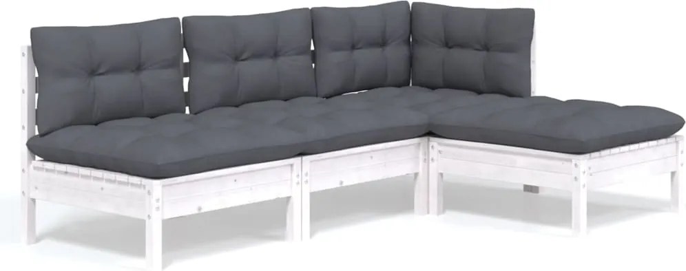 vidaXL Set mobilier grădină cu perne, 4 piese, alb, lemn de pin
