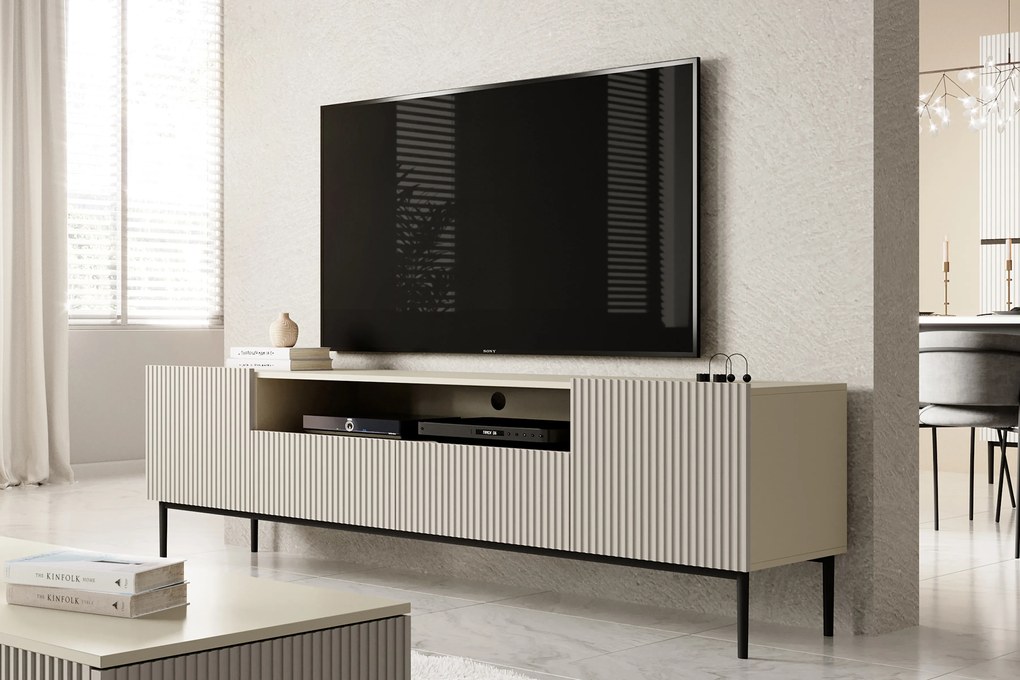 Comodă TV Nicole 200 cm cu nișă și sertare – cașmir / picioare negre