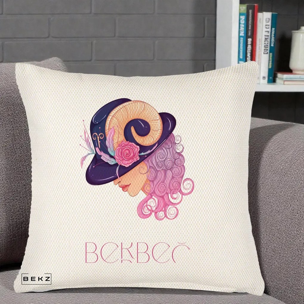 Perna Personalizata Zodie Berbec, 40x40 cm, Crem Reliefat, Husa Detasabila, Perna Inclusa, BEKZ®
