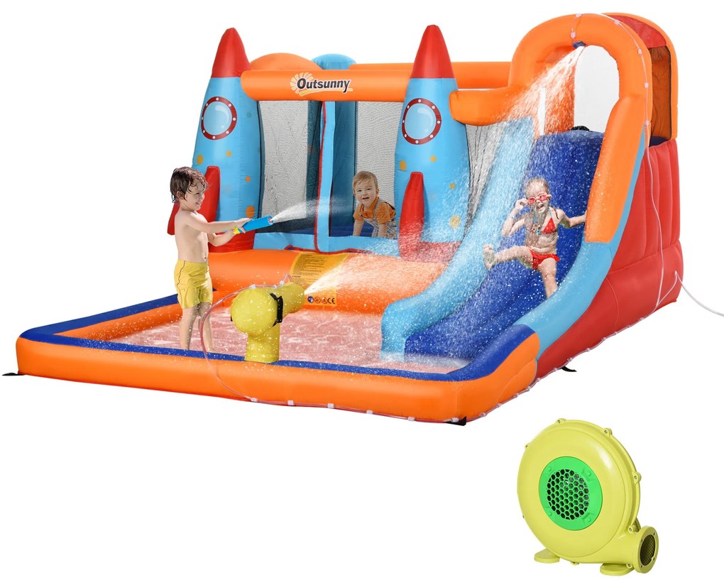 Outsunny Castel Gonflabil pentru Copii Piscina cu Tobogan si Trambulina, Pompa Electrica, 370x270x185cm, Multicolor | Aosom Romania