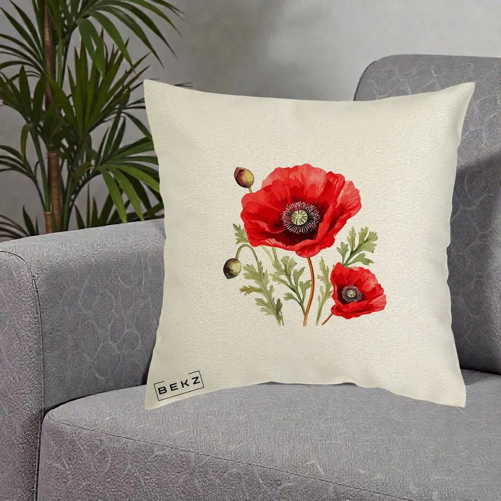 Perna Decorativa Maci Rosii Acuarela, 40x40 cm, Ecru, Husa Detasabila, Perna Inclusa, BEKZ®