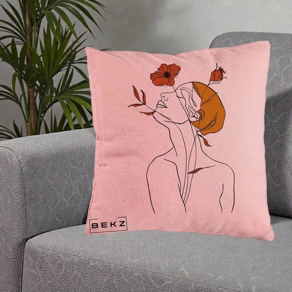 Perna Decorativa Portret Feminin Mac Privire Inalta, 40x40 cm, Roz, Husa Detasabila, Perna Inclusa, BEKZ®