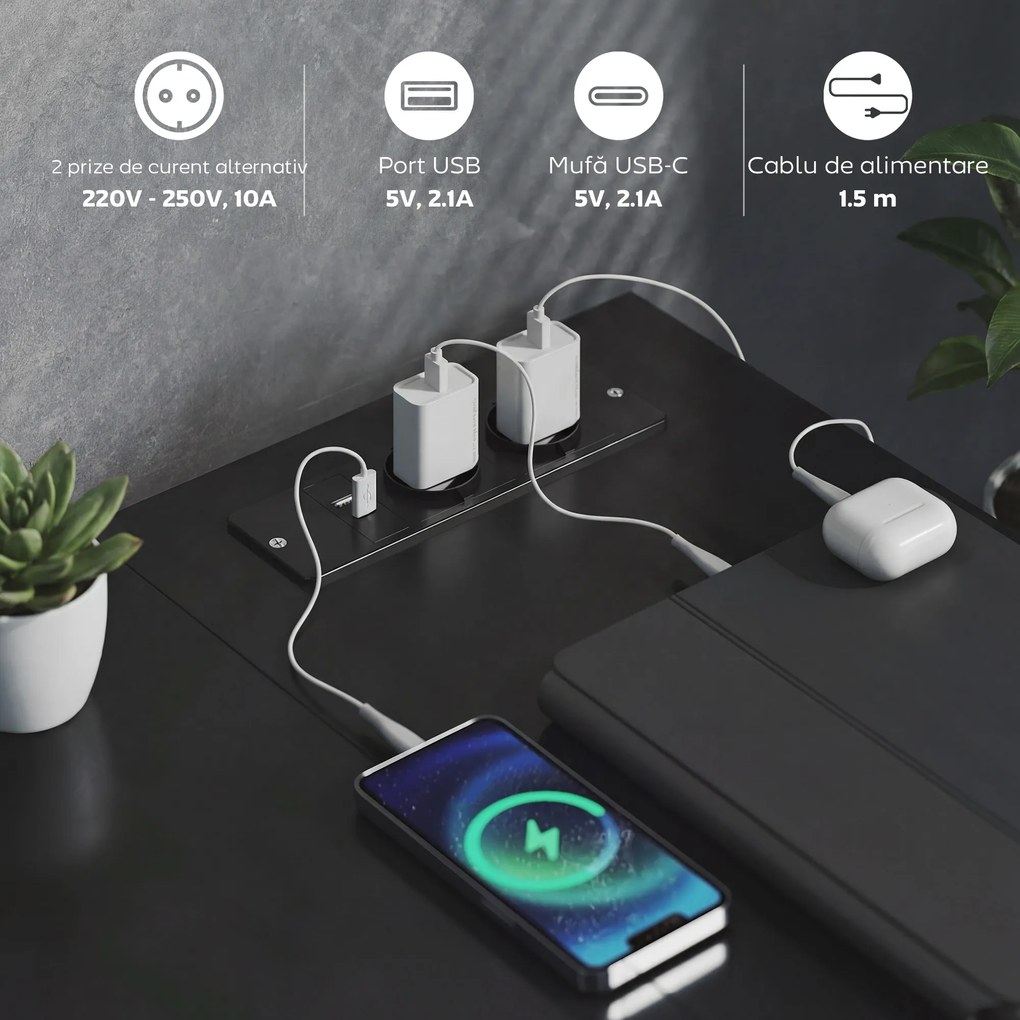 HOMCOM Birou de Colț Reversibil cu Prize și Porturi USB, 126x48 cm Birou în Formă de L cu 6 Sertare din Material Textil, Cârlig Lateral, pentru Computer, Birou, Cameră, Negru | Aosom Romania