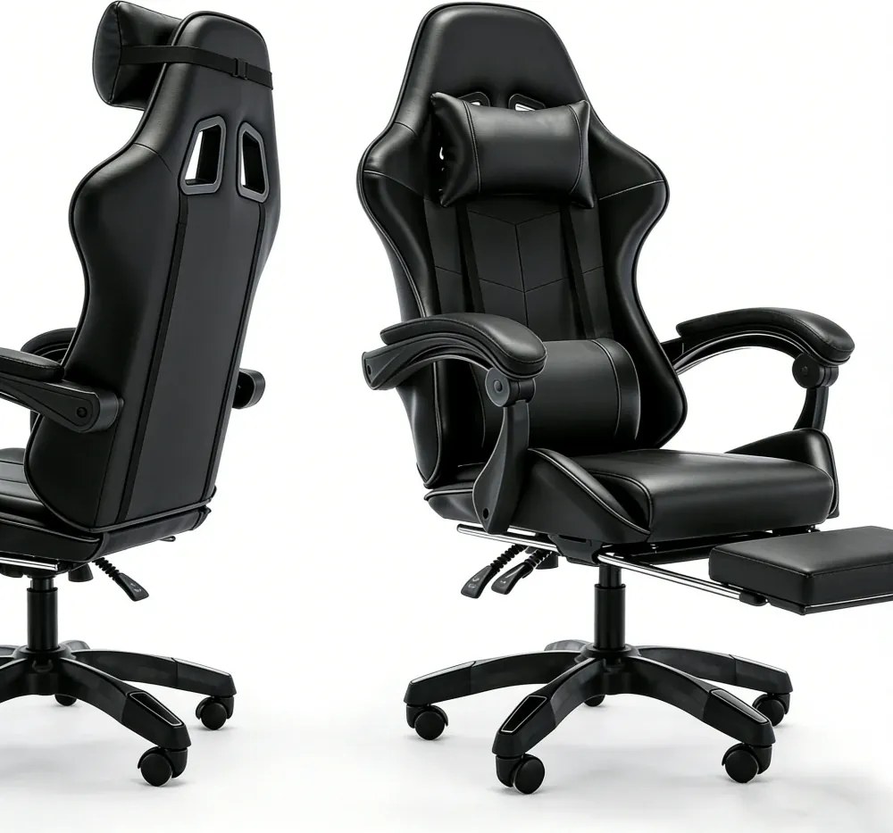 Scaun gaming, Masaj în perna lombară, Rabatabil 90-145°, Suport picioare, piele PU, Negru