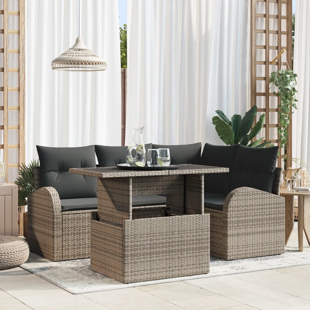 vidaXL Set de Sofa Grădină 5 Piese cu Perne Gri Ratan Polimeric