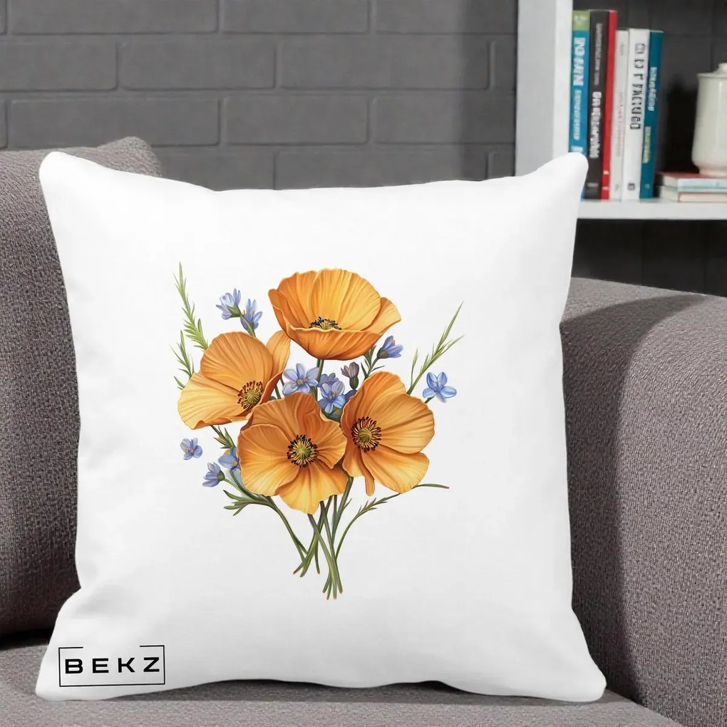 Perna Decorativa Maci Portocalii cu Floricele Albastre, 40x40 cm, Alba Mata, Husa Detasabila, Perna Inclusa, BEKZ®