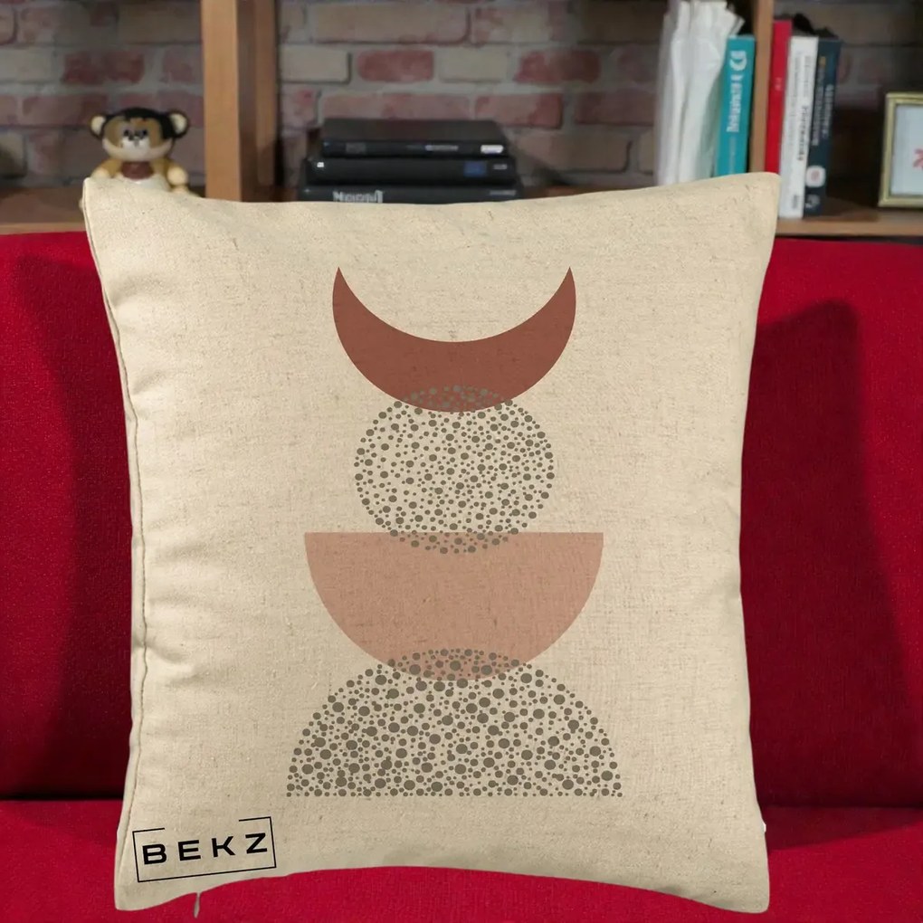 Perna Decorativa Boho Luna Plina si Forme Punctate, 40x40 cm, Bej, Husa Detasabila, Perna Inclusa, BEKZ®