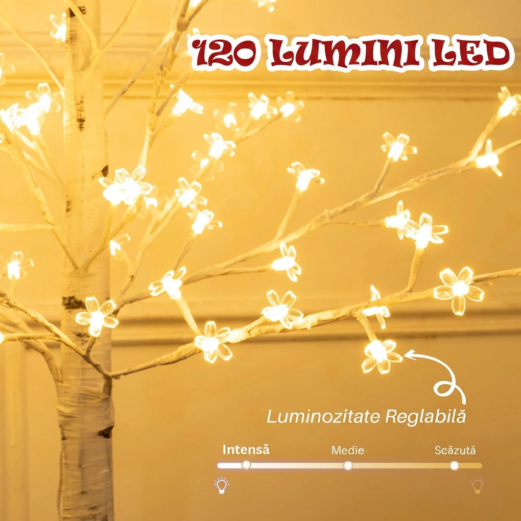 HOMCOM Copac Di Betulla Con 120 Lumini Led Înalt 150cm 3 Niveluri Luminosità Alb | Aosom Romania