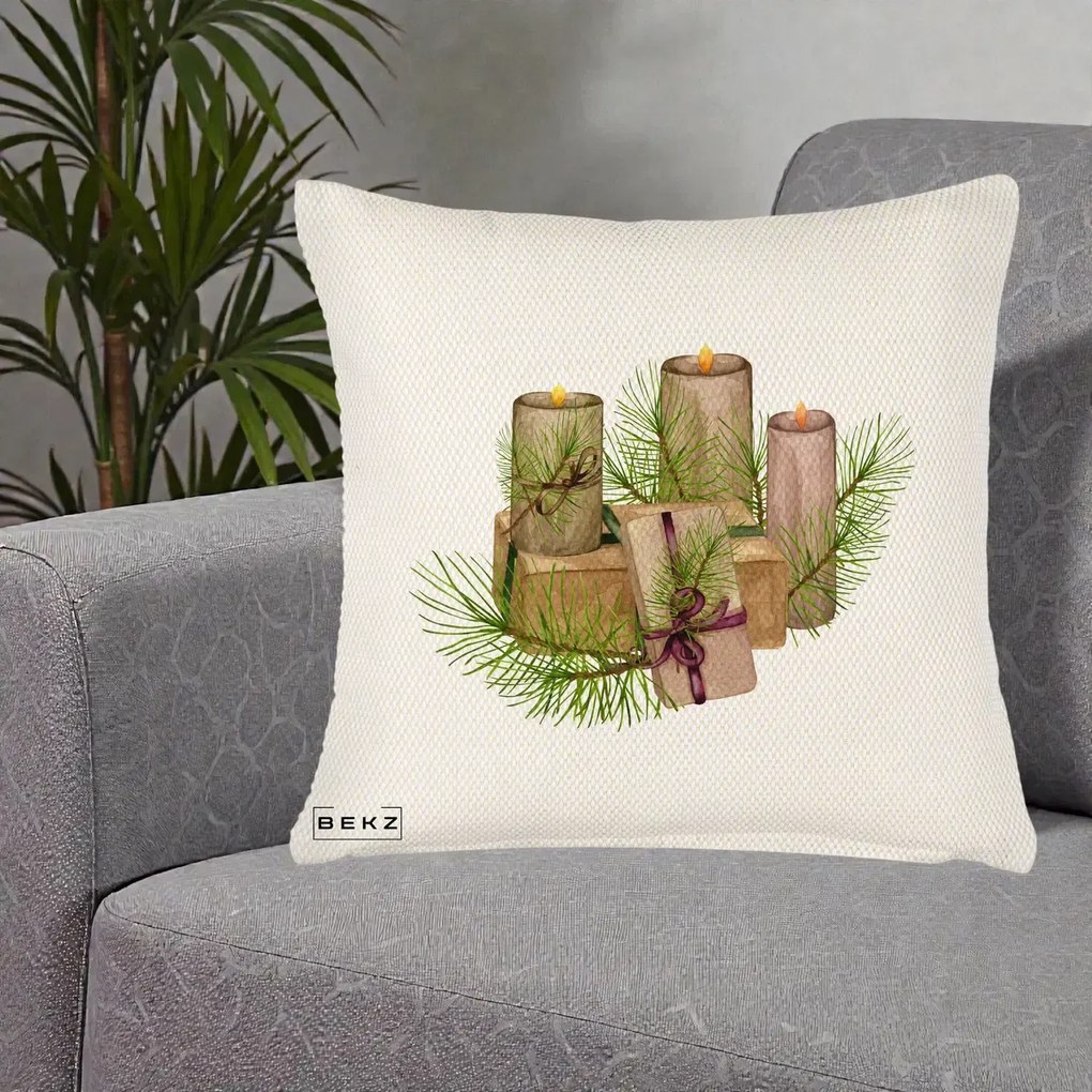 Perna Decorativa Lumanari cu Cadouri Naturale, 40x40 cm, Crem Reliefat, Husa Detasabila, Perna Inclusa, BEKZ®
