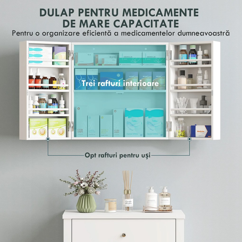 HOMCOM Dulap Medicamente de Perete cu Cheie, 3 Rafturi Interne și 8 Suporturi pentru Sticle, Dulap din MDF și Metal, pentru Bucătărie, Hol, Living, 53x20x53 cm, Alb | Aosom Romania