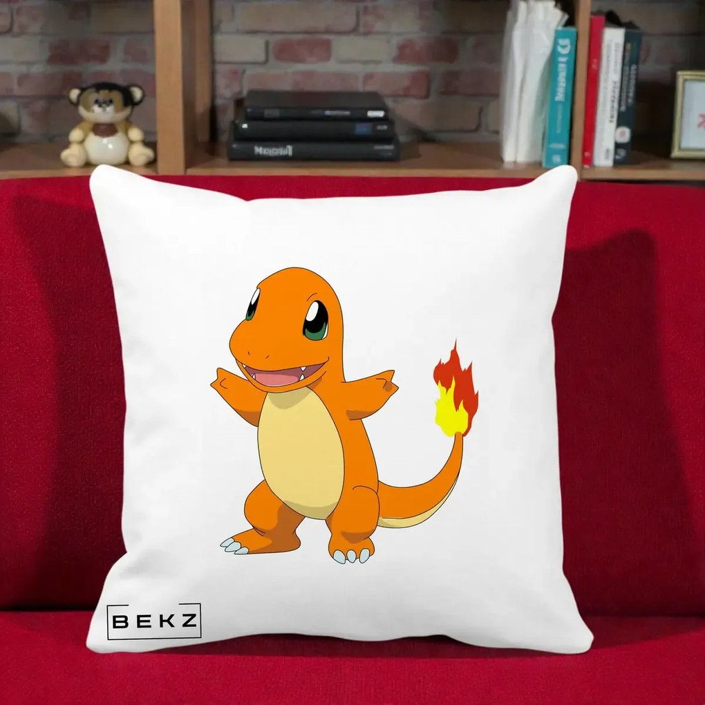 Perna Personalizata Charmander Pokemon, 40x40 cm, Alba Mata, Husa Detasabila, Perna Inclusa, BEKZ®