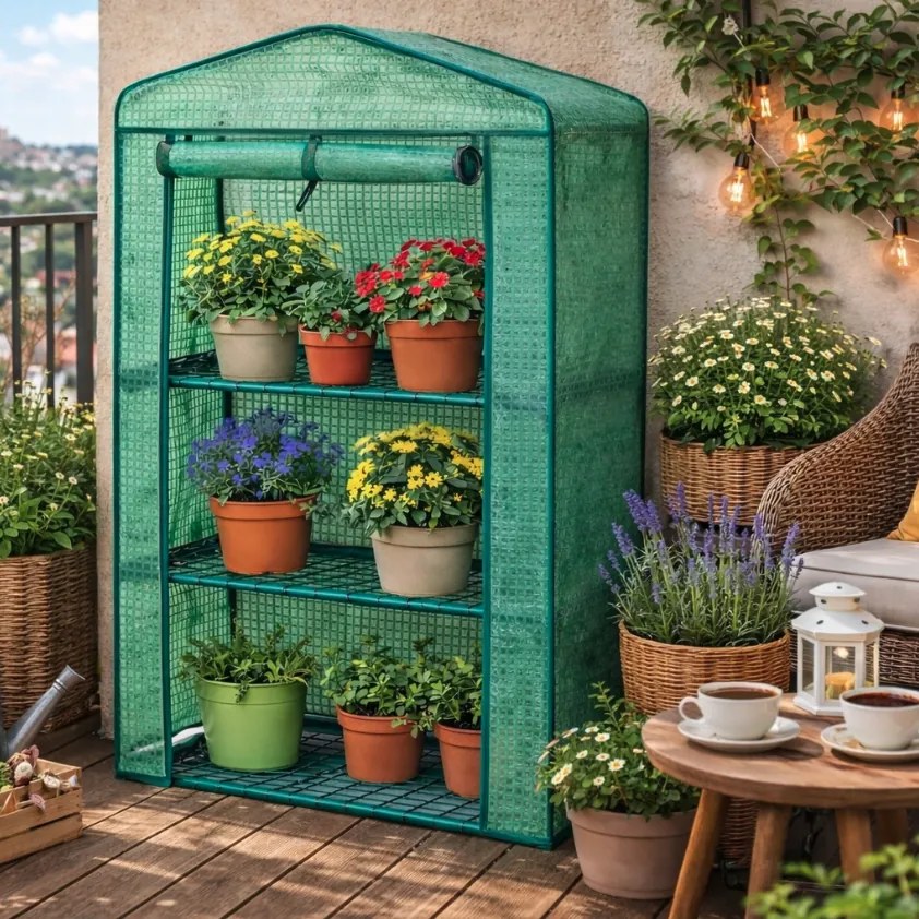 Seră verde pentru balcon cu rafturi 69 x 49 x 125 cm