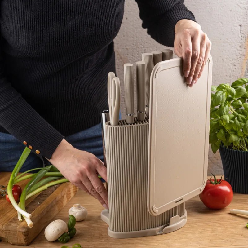 Set cuțite Klausberg KB 7978, 8 piese, Oțel inoxidabil, Suport, Suport hârtie de bucătărie, Bej