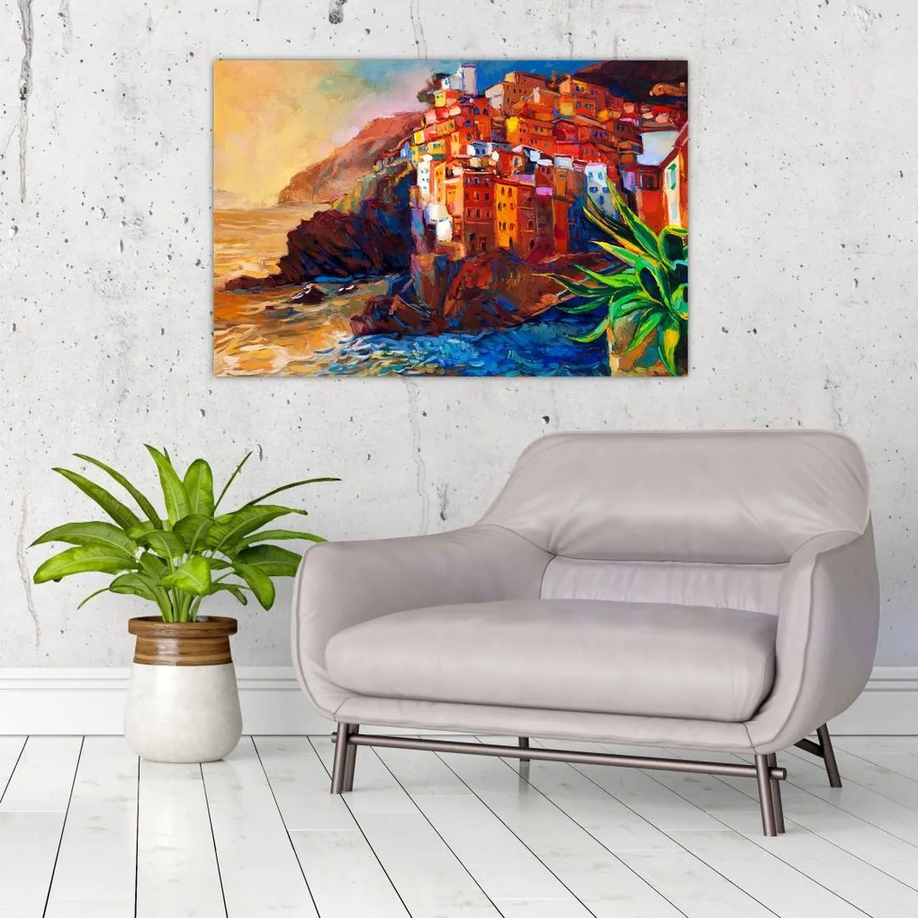 Tablou - Satul de coastă Cinque Terre, Riviera italiană, impresionismul modern (90x60 cm)
