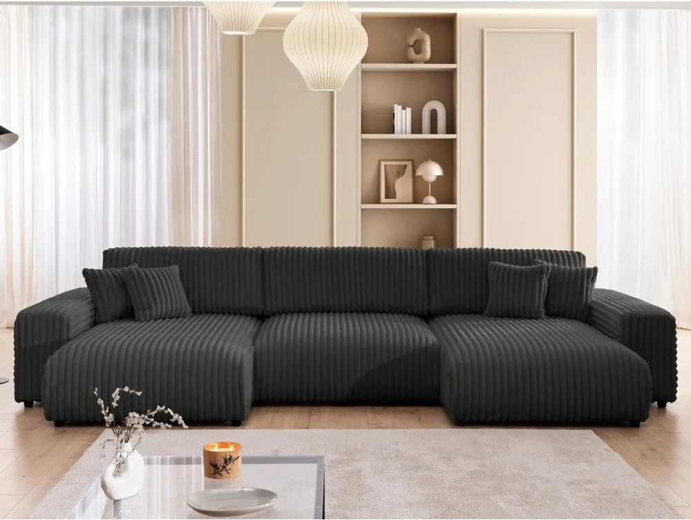 Colțar gri închis extensibil/cu spațiu de depozitare cu tapițerie din catifea reiată (în formă de "U") Sarina – Ropez