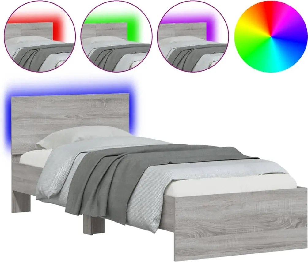 vidaXL Cadru de pat cu tăblie și lumini LED, gri sonoma, 90x200 cm